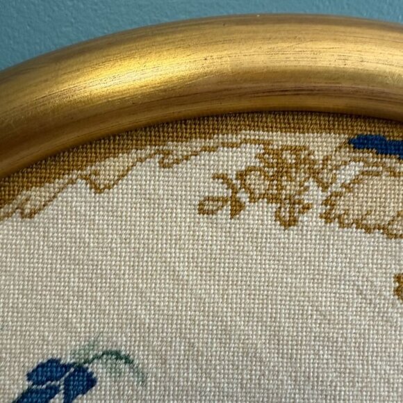 Vintage European Floral Needlepoint Art In Gold Round Frame - Picture 4 of 9
